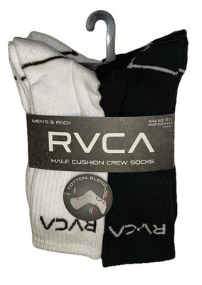 RVCA Half Cushion Crew Socks 6 Pair Men 8-12.5 Black White w Logo Skate Surf NEW