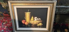Vintage  Oil Painting On Canvas Still Life Fruit, Eggs Decanter artist signed 