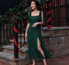 Reformation Twilling Forest Green Midi Dress Size 2 Side Slip