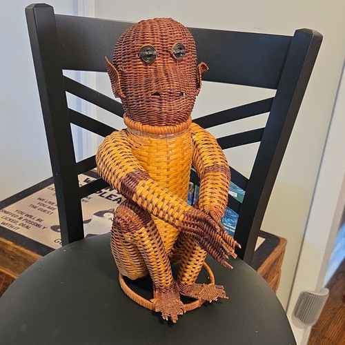 Vintage Wicker Monkey Basket Collectible Decorative Animal Figure