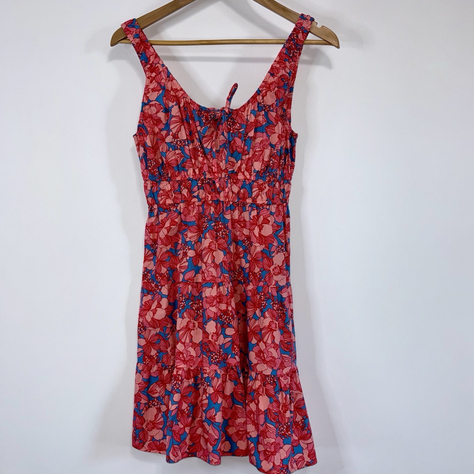 GAP Floral Cotton Sleeveless Smocked Tiered Mini Dress XS Pink Blue SummerDay