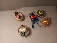 5 Large Christmas Fancy Beaded Push Pin vintage Ornaments Handmade Sequins NICE