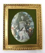 Mid-Century Framed Rococo Silk Art Print Velvet Mat Gilt Frame Court Scene 12x10