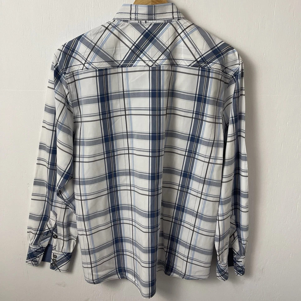 Camisa BKE Para Hombres Manga Larga Con Botones Gris A Cuadros Azul Talla XL Calce Atlético Foto 2 de 4