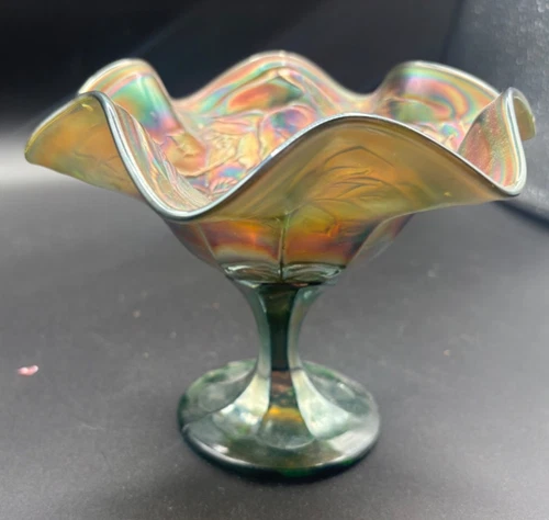 Antique Fenton Carnival Glass Green Blackberry Bramble Stemmed Bowl