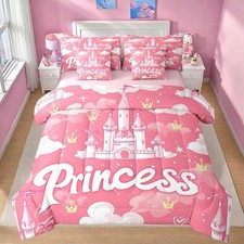 Girls Princess Comforter Set Twin Size Pink Magical Castle Bed in A Bag Golde...
