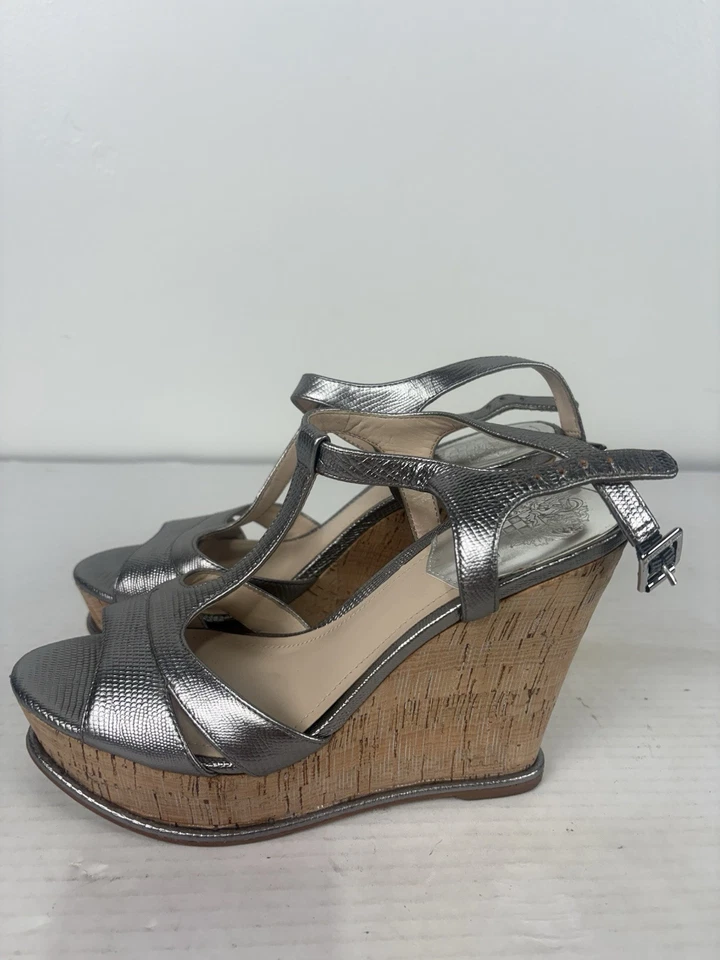 Vince Camuto Silver Leather Strappy 4.5in Wedge Platform Dress Shoes Womens 7.5M