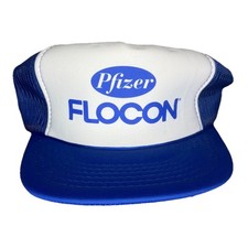 Vintage 90s Pfizer Flocon Trucker Hat Cap Mesh Blue Foam Snapback Pharmaceutical