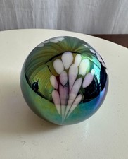 Iridescent Art Glass White Floral Paperweight Green Blue Sphere 1 lb 9 oz