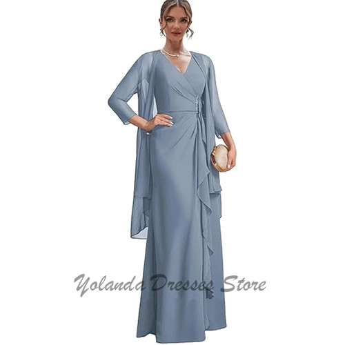 Clásico 2 Piezas Madre de la Novia Vestidos Boda Cuello en V Gasa Hasta el Suelo - Imagen 9 de 30