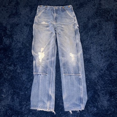 VTG Carhartt Double Knee B07 DNM 34x36 Denim Logger Pants Thrashed Distressed Z
