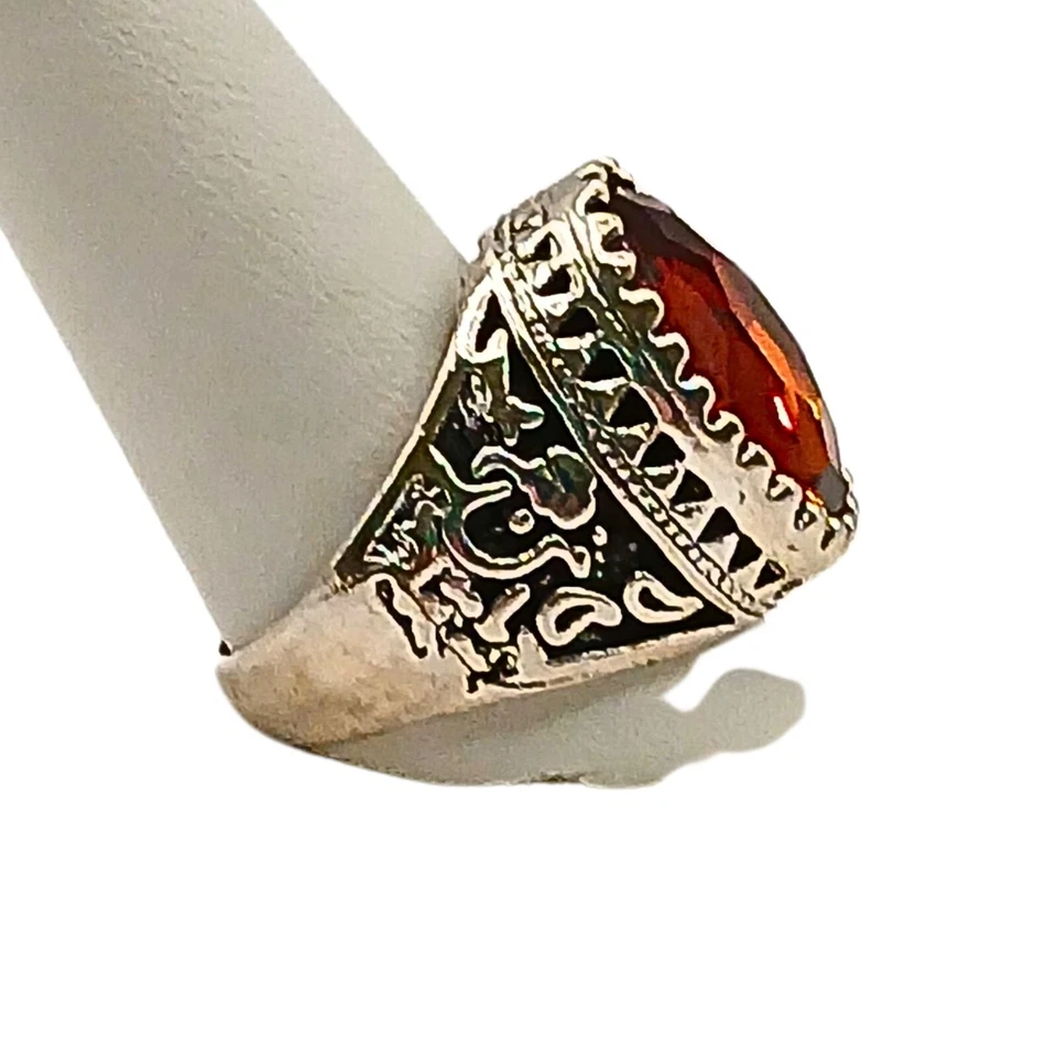 Mens Silver Plated Zircon Ring Size 11 Faceted Solitaire Intricate Turkey Amber - Image 2 of 4