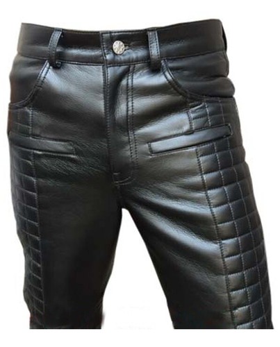 Mens Pure Black Leather Quilted Jeans 