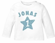 Baby long sleeve shirt with name and number 1 first birthday motif star