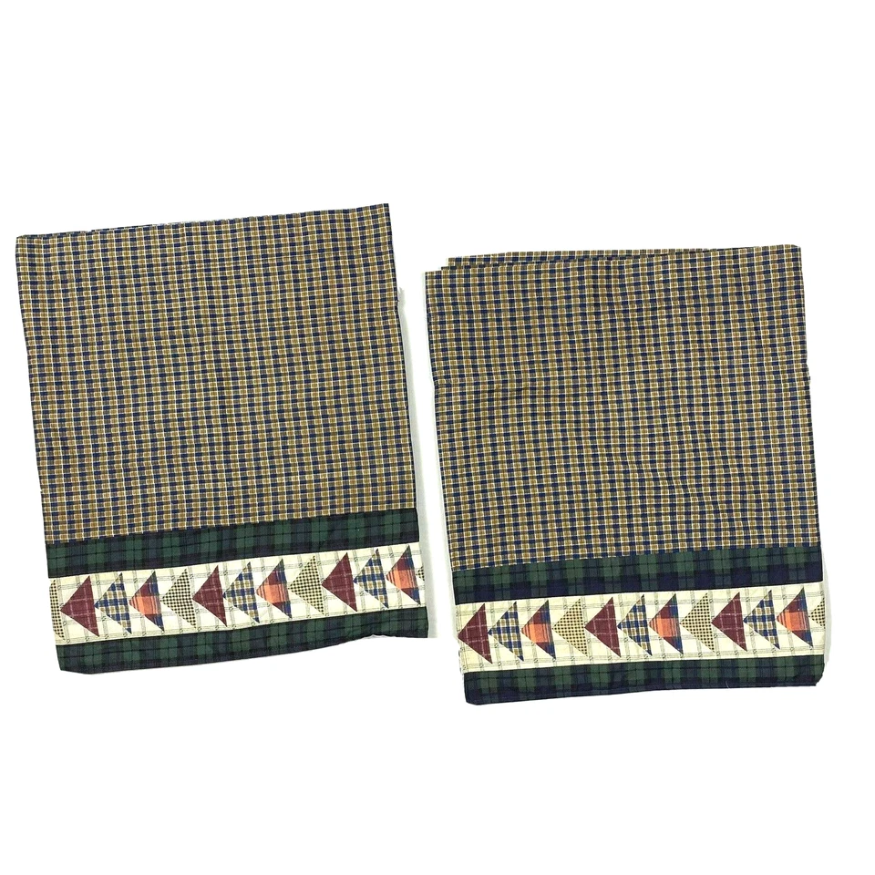 Винтажные клетчатые балдахины JC Penney пара снятых с производства коротких занавесок синие желтовато-коричневые окаймленные - Изображение 2 из 4