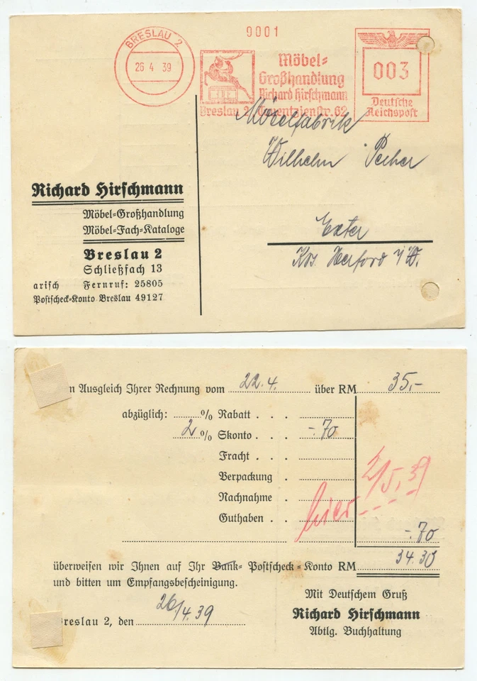 41811 - Freistempel : Möbel-Großhandlung Richard Hirschmann - Breslau 26.4.1939 - Bild 1 von 1