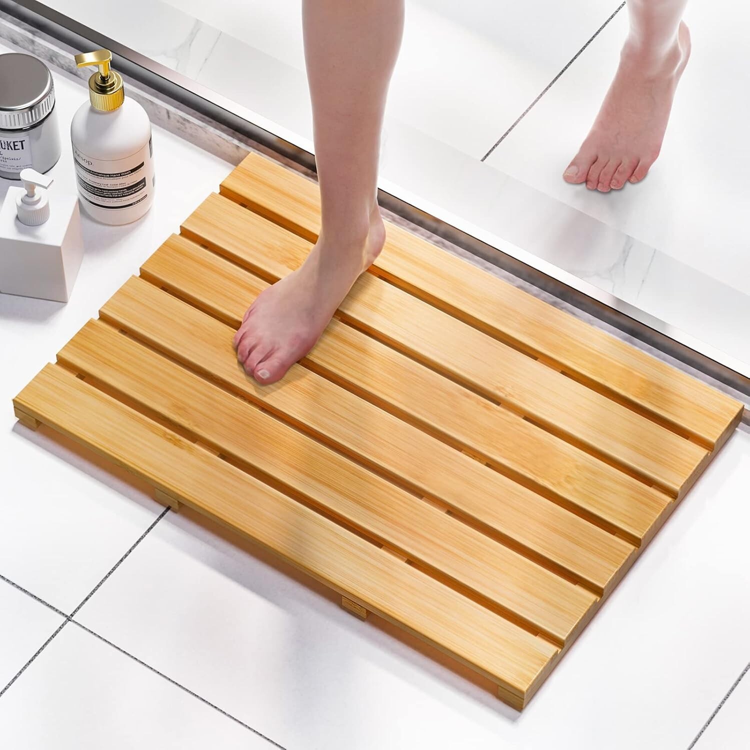 Bamboo Non-Slip Waterproof Bath Mat for Shower & Wooden Floors