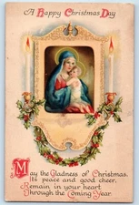 c1910's Christmas Religious Holly Berries Candle Light Berries Wolf Postcard