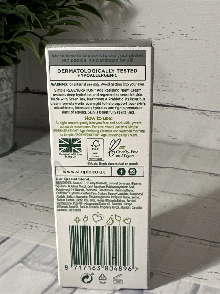 Simple Age Resisting Night Cream Regeneration 1.7 OZ (NIB) Sensitive Skin VEGAN - Image 3 of 4