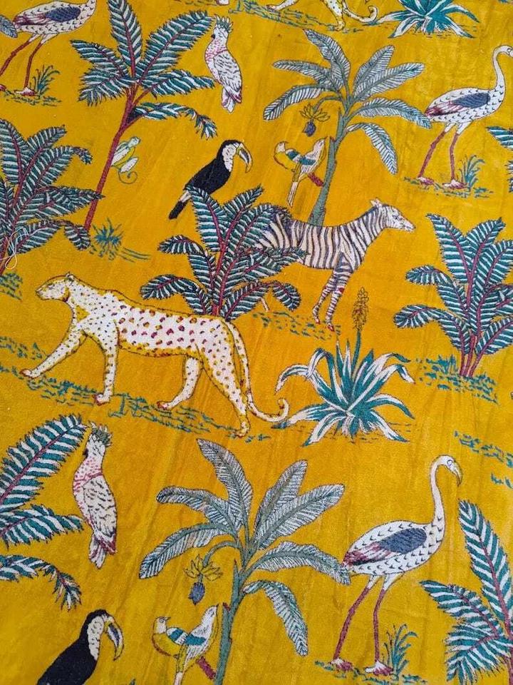 Indian Velvet Fabric Yellow Jungle Print Fabric Upholstery Fabric - Image 3 of 4