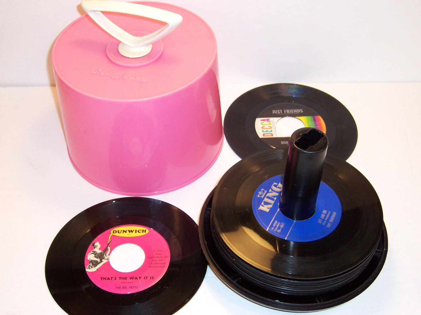 1960's  Hot Pink DISK-GO-CASE 45 RPM Record Case- With RECORDS!