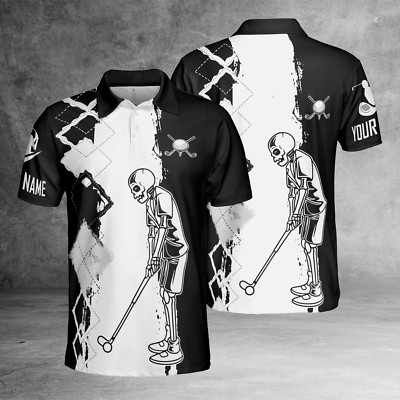 Black And White Men Skull Golfing Custom 3D All Over Print Polo Shirt Size S-5XL