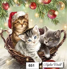 (651) TWO Paper LUNCHEON Decoupage Art Craft Napkins - KITTENS BASKET CHRISTMAS