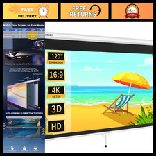 120" Manual Pull Down Projector Screen - 16:9 HD 4K 3D, Auto Locking Feature