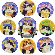 Diamond Art Coasters Kit with Holder, Cute Cat Theme, 8 Pcs, Round, 3.9 Inch, DI