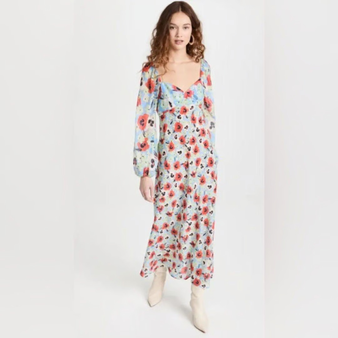 RIXO Gio Floral Maxi Dress Blue Red M