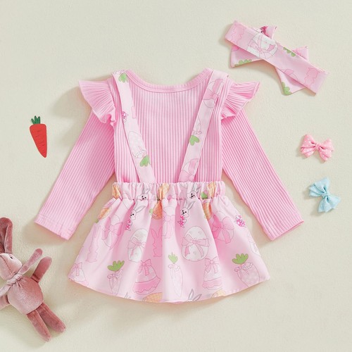 Baby Girl Easter Dress Outfit Ribbed Ruffle Romper Bunny Suspender Skirt Head... - Picture 3 of 7