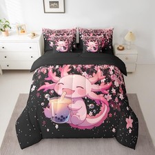 Boys Girls Cute Axolotl Bed in A Bag Queen Size, Cartoon Salamander 7 Pieces ...