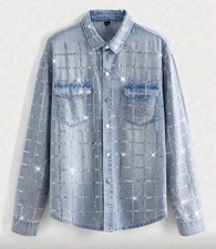 New Luxury Men Diamond Rhinestones Fashion Blue Denim Shirt High Quality