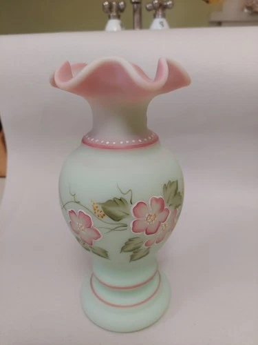 Fenton Burmese 8.5" Hand Painted Artist Signed Vase.  Excellent Cond.