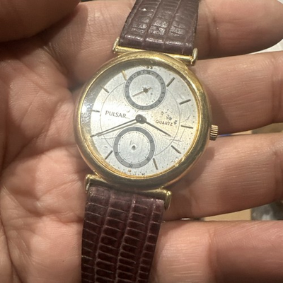 #ad Vtg Pulsar Mens Watch 33mm V254 0080 Gold Tone Leather Missing Second Stick Read $24.94