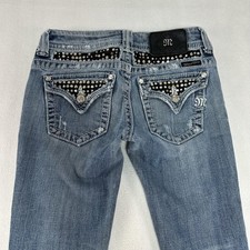 Miss Me Jeans Womens 26 Blue Bootcut Distressed Rhinestone Embellished Stretch