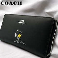COACH x PEANUTS Long Wallet Snoopy Woodstock Leather Zip Black New With Box