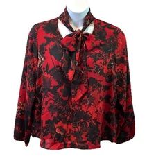 Evan Picone Black Label Womens Blouse Red Floral Neck Bow Secretary Power Sz XL