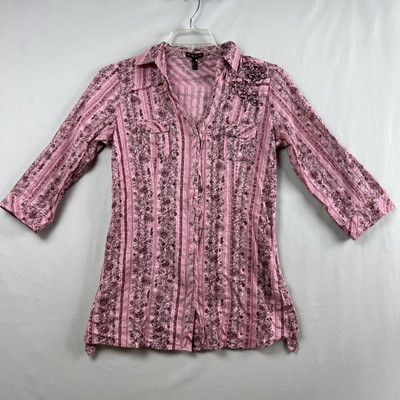 Y2K Blouse F.A.N.G Women L Western Floral Cottagecore Pink Snap Up  Embroidery