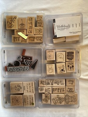 Stampin Up Wood Mount Rubber Stamp Sets PERFECT PARTY Celebrate Tags So Much Hug