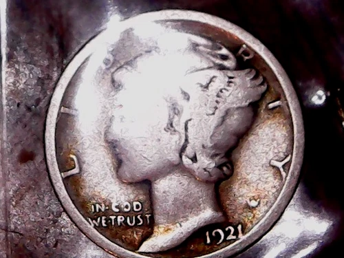 RARE 1921  SILVER MERCURY DIME - GRADES "VERY GOOD"