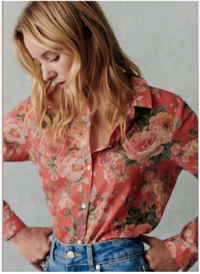 Sézane Pierro Almeria Print Organic Cotton Button Down Top 36 US 4