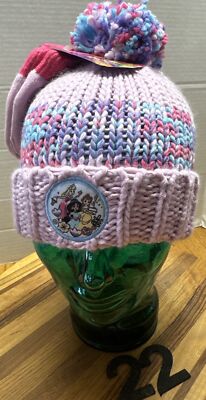 ニット NWT DISNEY PRINCESS LAVENDER & PINK, CHUNKY KNIT BEANIE W/ POM POM