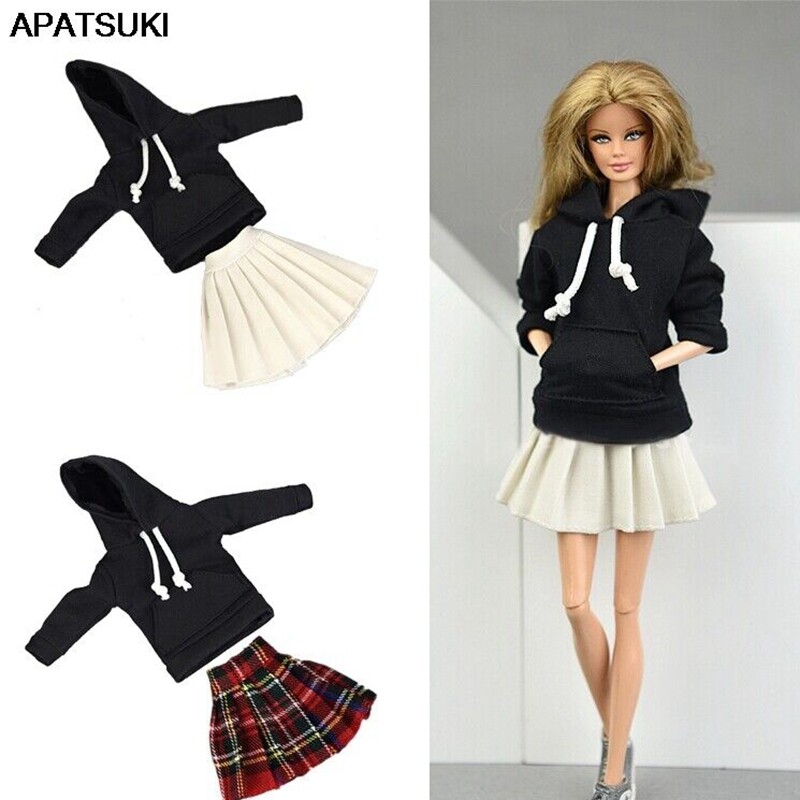 Sudadera con capucha negra Top faldas plisadas ropa para trajes de muñeca de 11,5" 1/6