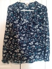 LOFT Dark Blue Navy Floral Blouse Size XS, Ruffle Panels on Neck Collar Cuffs