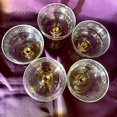 DELICATE ETCHED GREEK KEY SHERBETS WITH AMBER STEMS - SET OF 5