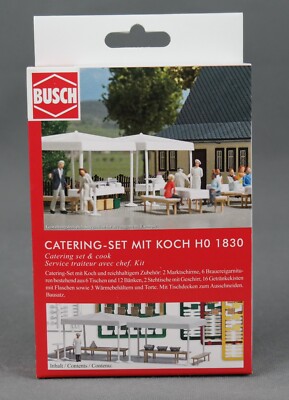 Busch 1830 [H0,Bausatz] Catering-Set mit Koch, Tische, Schirme - NEUWARE!