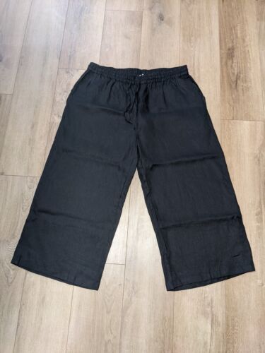 ECupper Linen Pants Womens Black Cropped Wide Leg Elastic Waist Pockets 4XL