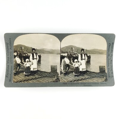 Orsova Romania Boat Dock Stereoview 1920s Keystone Romanian Family