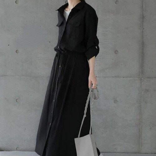 Women Midi Shirt Pocket Dress Long Sleeve Button Front Drawstring Casual Dress - Imagen 10 de 18